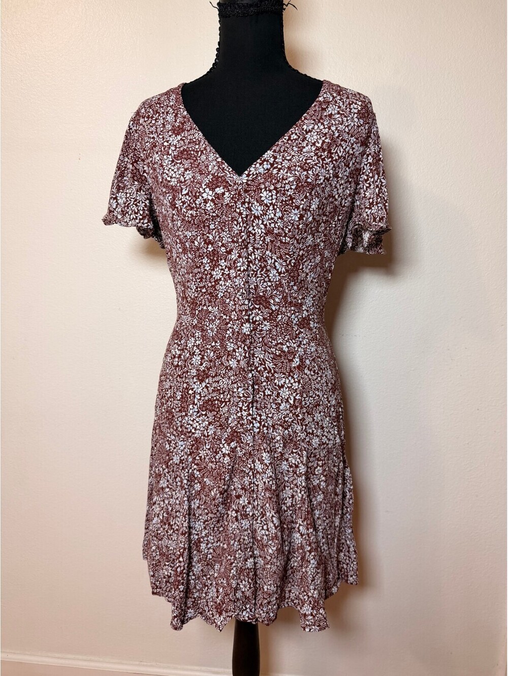 Madewell Brown Floral Button Front Mini Dress 4 V Neck Smocked